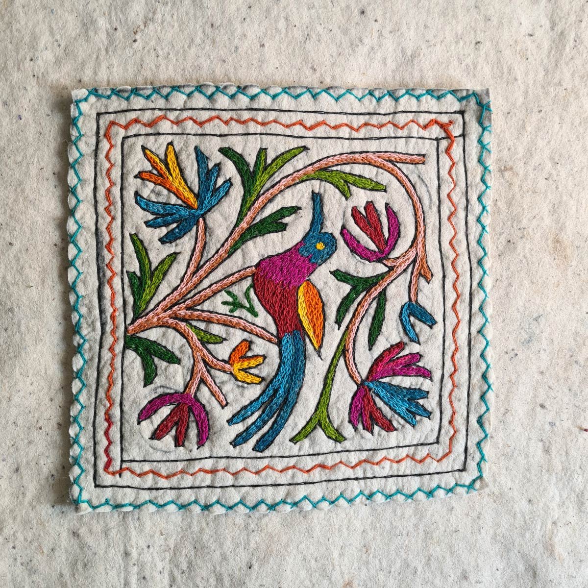 BIRD DESIGN HANDMADE AARI EMBROIDERED NAMDA 2X2 FT