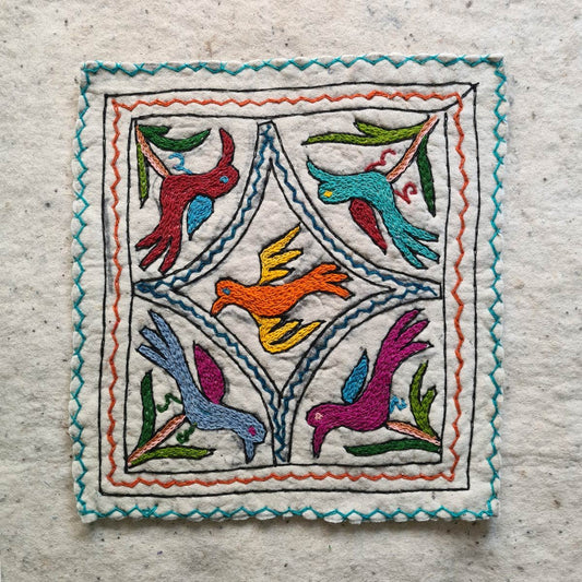 MULTICOLOUR BIRDS DESIGN HANDMADE AARI EMBROIDERED NAMDA 2X2 FT