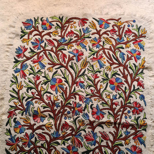 FLORAL DESIGN WHITE BASE HANDMADE DOUBLE AARI EMBROIDERED NAMDA 6X4 FT