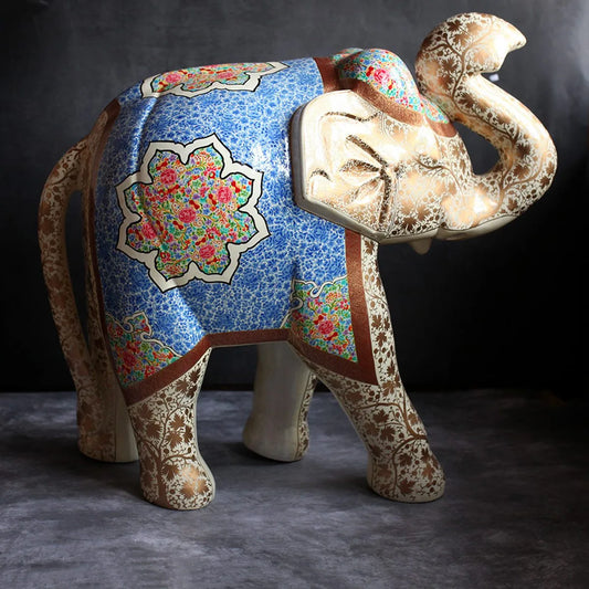 Blue & Gold Vine Handmade Paper Mache Elephant 2x2 Feet