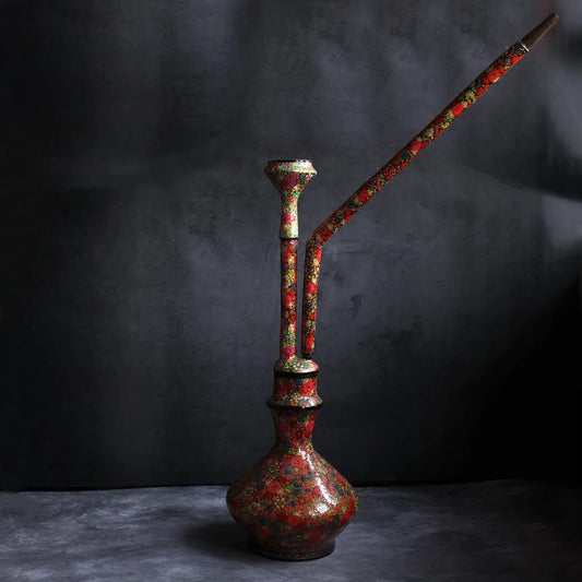 Tradational Brass Base Paper Mache Hooka Floral design | Kashmiri Paper Mache 22 x 9 INCH