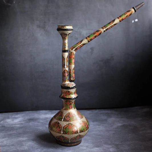 Tradational Brass Base Paper Mache Hooka Floral design | Kashmiri Paper Mache 15 x 8 INCH