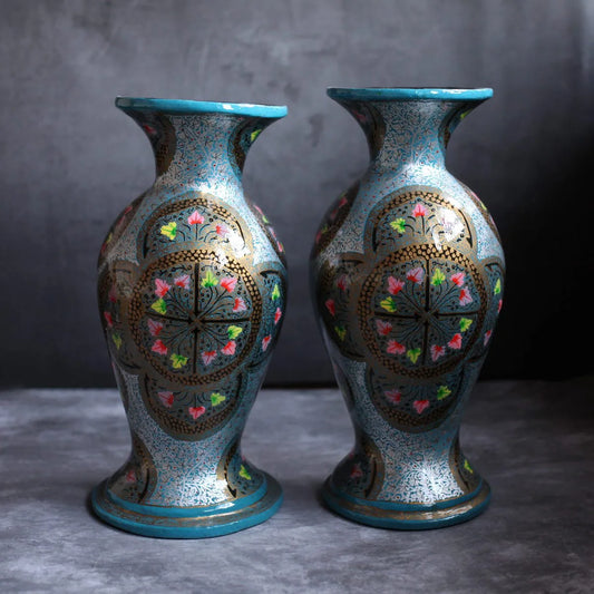 Blue Base Handmade Paper Mache Flower Vase (Set Of 2) | Kashmiri Paper Mache 15 x 18 INCHES