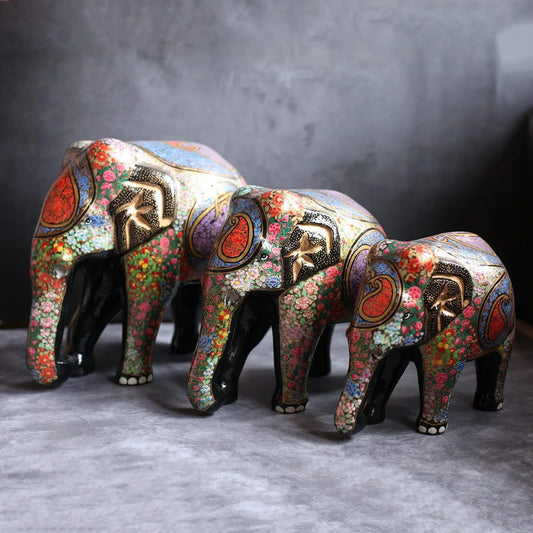 Multicolour Handmade Paper Mache Elephant Set of 3 | Big Small Medium Size Elephants | kashmir Art