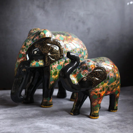 Multicolour Handmade Paper Mache Elephant Set of 2 | Big ,Medium Size Elephants | kashmir Art