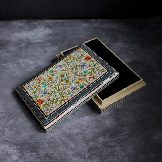 Kashmiri Flower Design Handmade Paper Mache Box Meter box | Flat Box | Intense Design kashmir Art