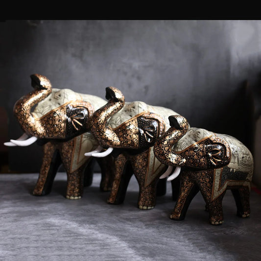 Embossed Gold base Mughal Darbar  Paper Mache Elephant Set of 3 | Big Small Medium Size Elephants |  Golden color Made from pure gold