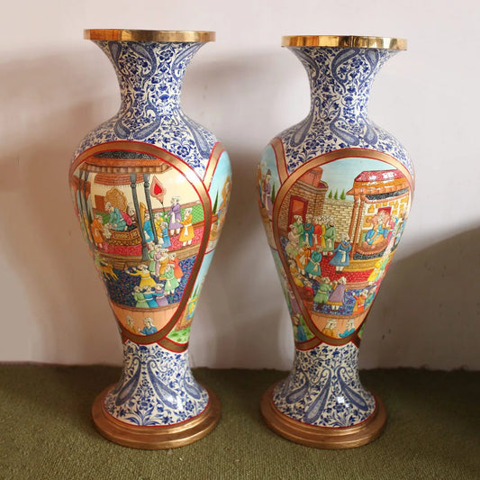 Emboss Mughal Darbar Handmade Paper Mache Flower Vase (Set Of 2) | Kashmiri Paper Mache 28 x 11 INCHES