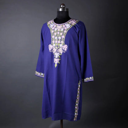 Navy Blue Chinar Design Embroidered Kurti