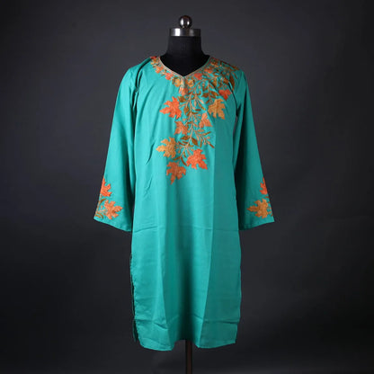 Turquoise Chinar Design Embroidred Kurti