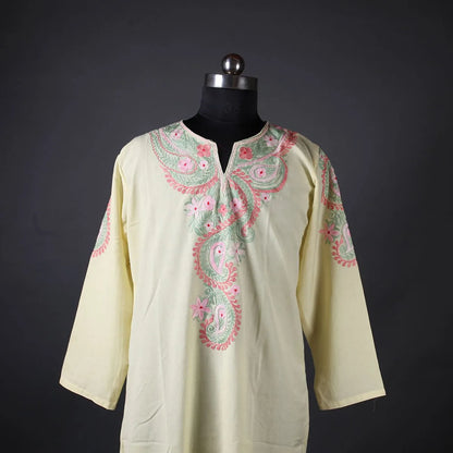 Creame Color Floral Design Embroidered Kurti