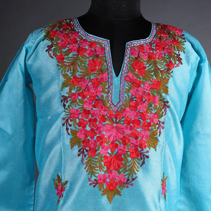 Turquoise Floral Booti Ari Embroidered Kurti