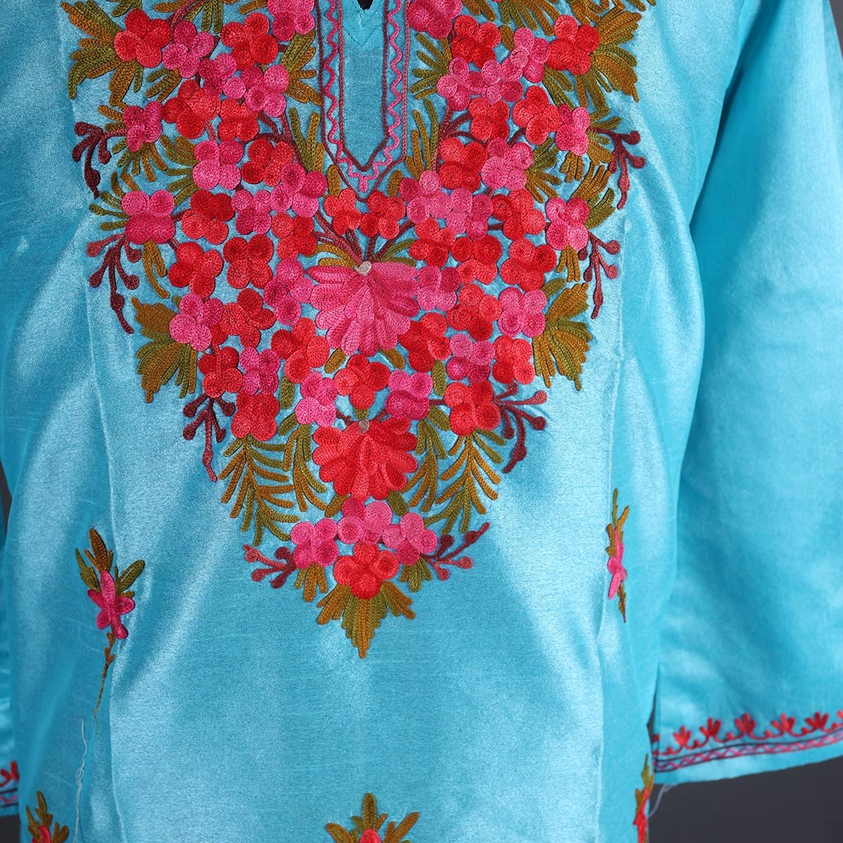 Turquoise Floral Booti Ari Embroidered Kurti