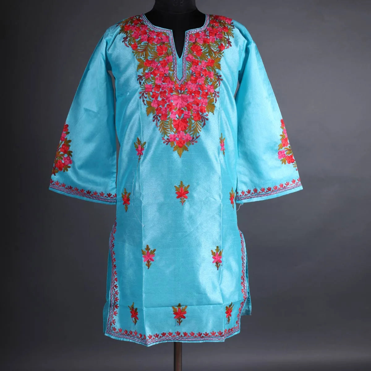 Turquoise Floral Booti Ari Embroidered Kurti