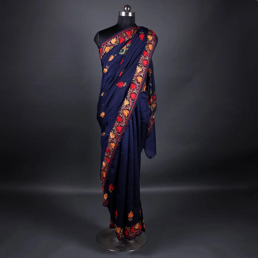 Navy Blue Chinar Design Aari Embroidered Silk Saree