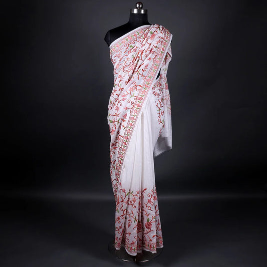 White Floral Design  Aari Embroidered Silk Saree