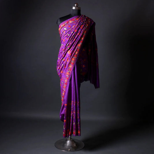 Purple Floral Design  Aari Embroidered Silk Saree