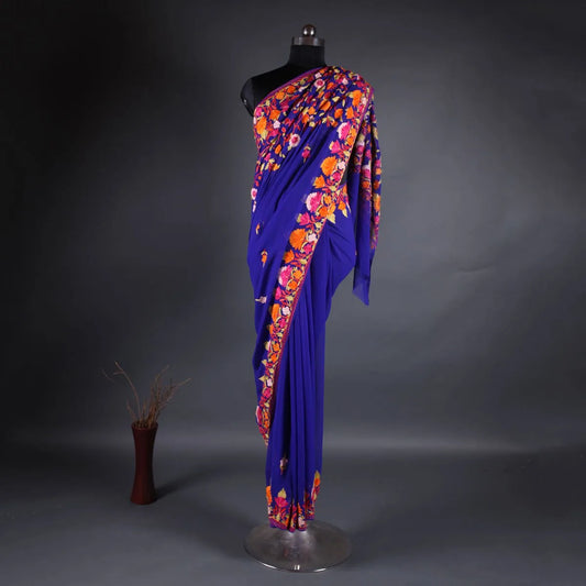 Royal  Blue Floral Design Aari Embroidered Silk Saree