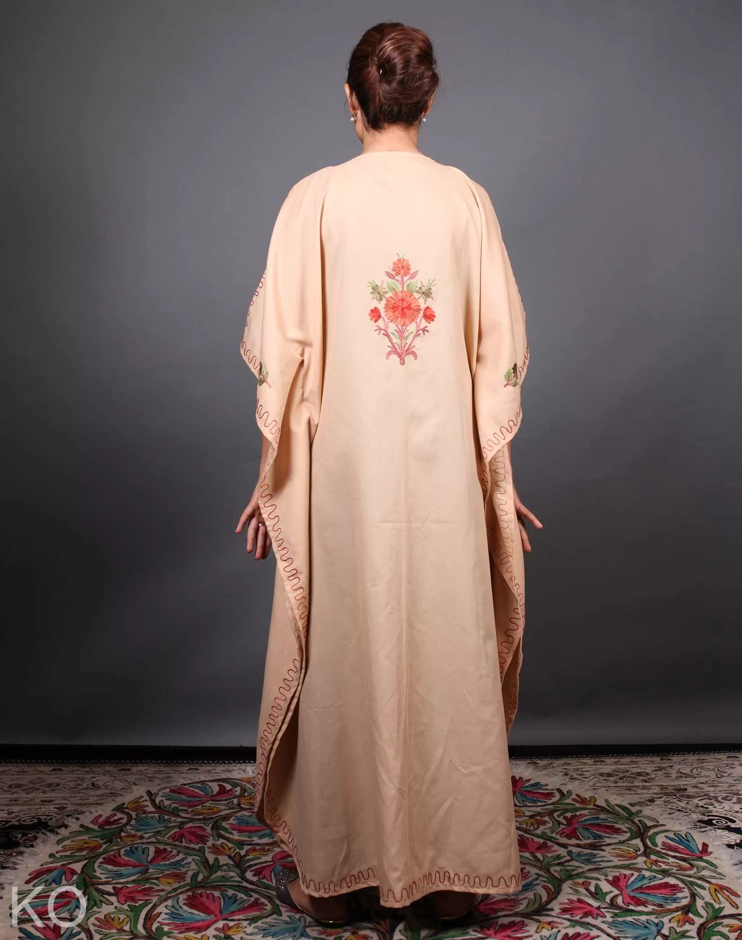 Tan Floral Deisgn Aari Embroidered Kaftan