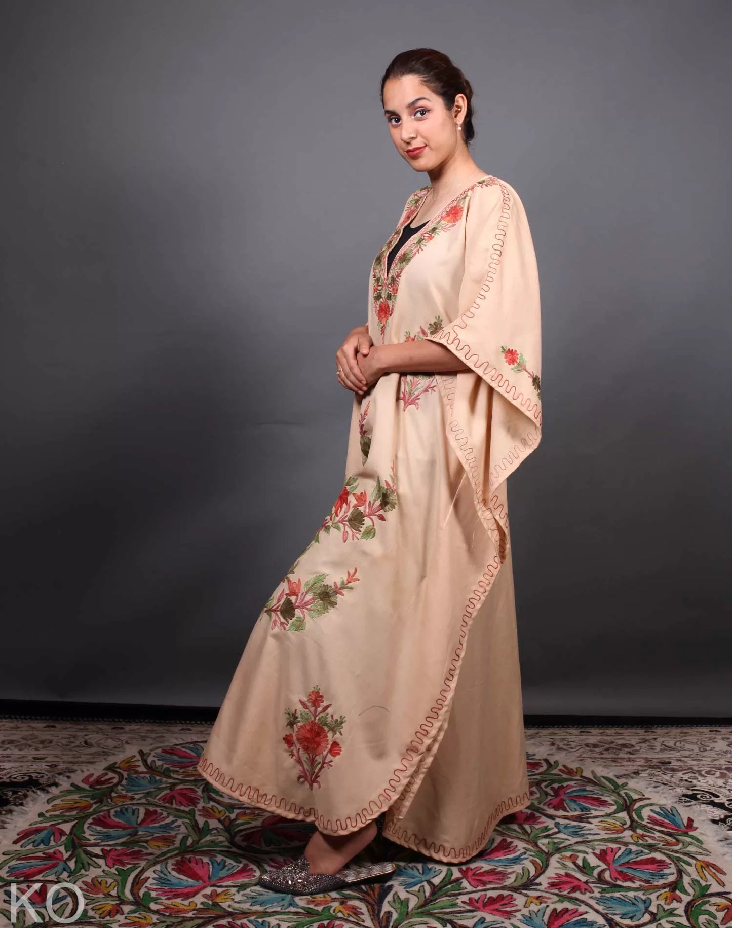 Tan Floral Deisgn Aari Embroidered Kaftan