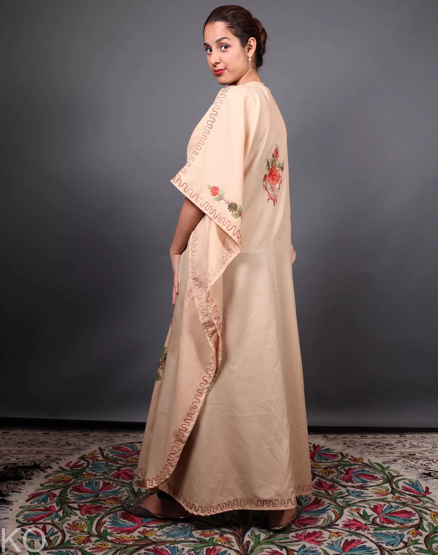 Tan Floral Deisgn Aari Embroidered Kaftan