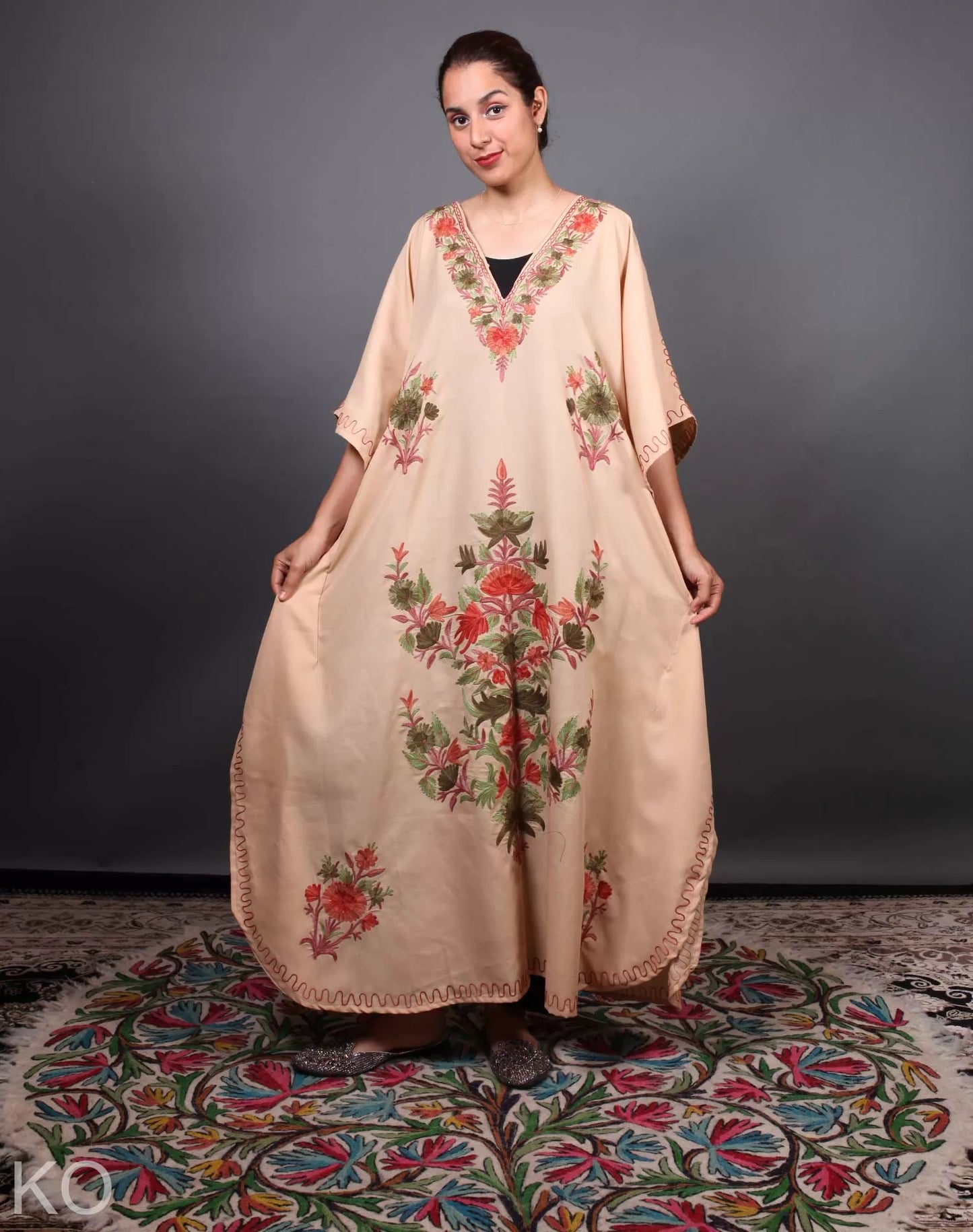 Tan Floral Deisgn Aari Embroidered Kaftan