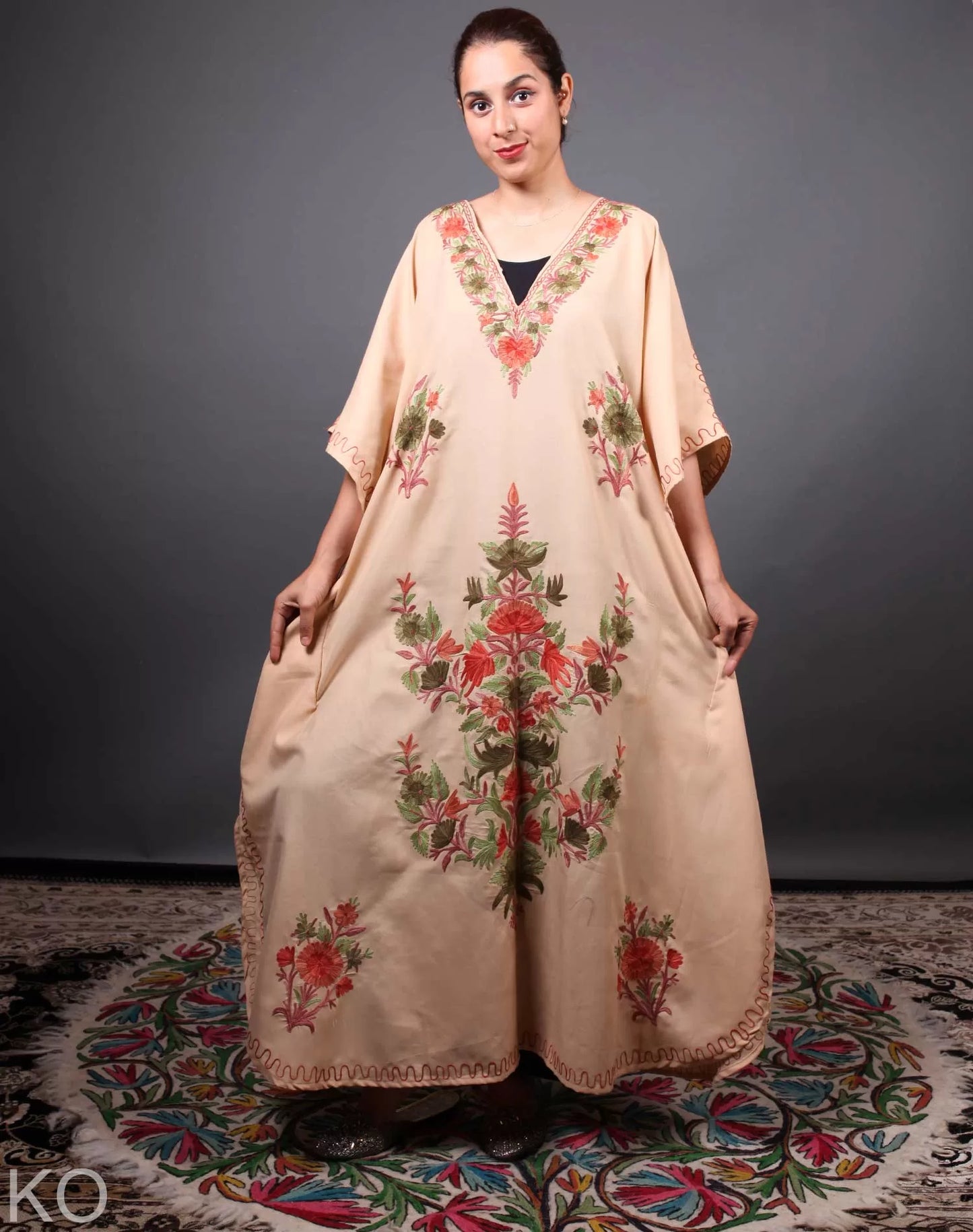 Tan Floral Deisgn Aari Embroidered Kaftan