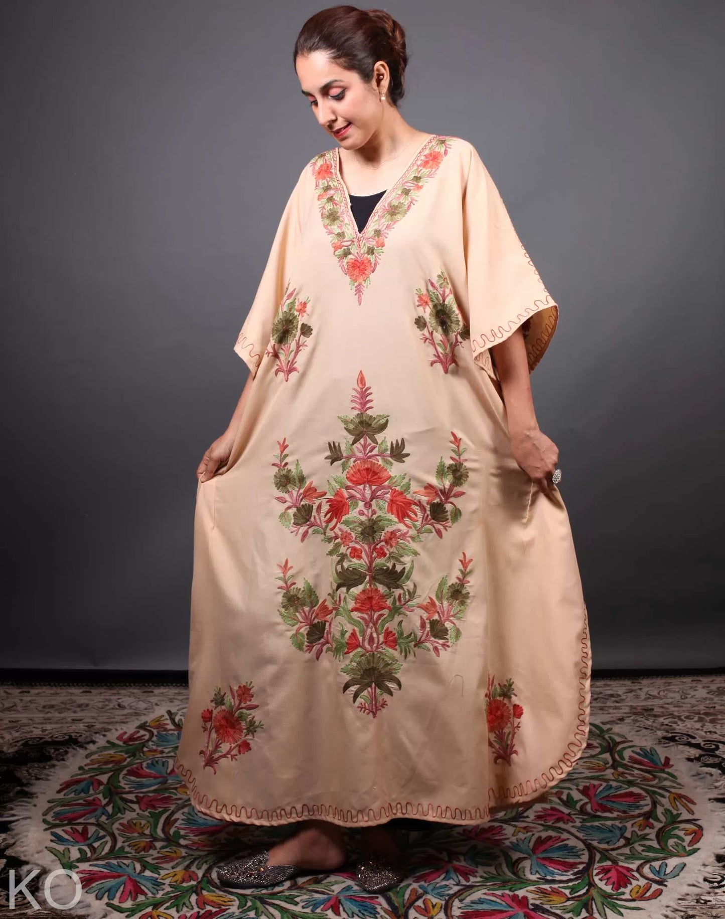 Tan Floral Deisgn Aari Embroidered Kaftan