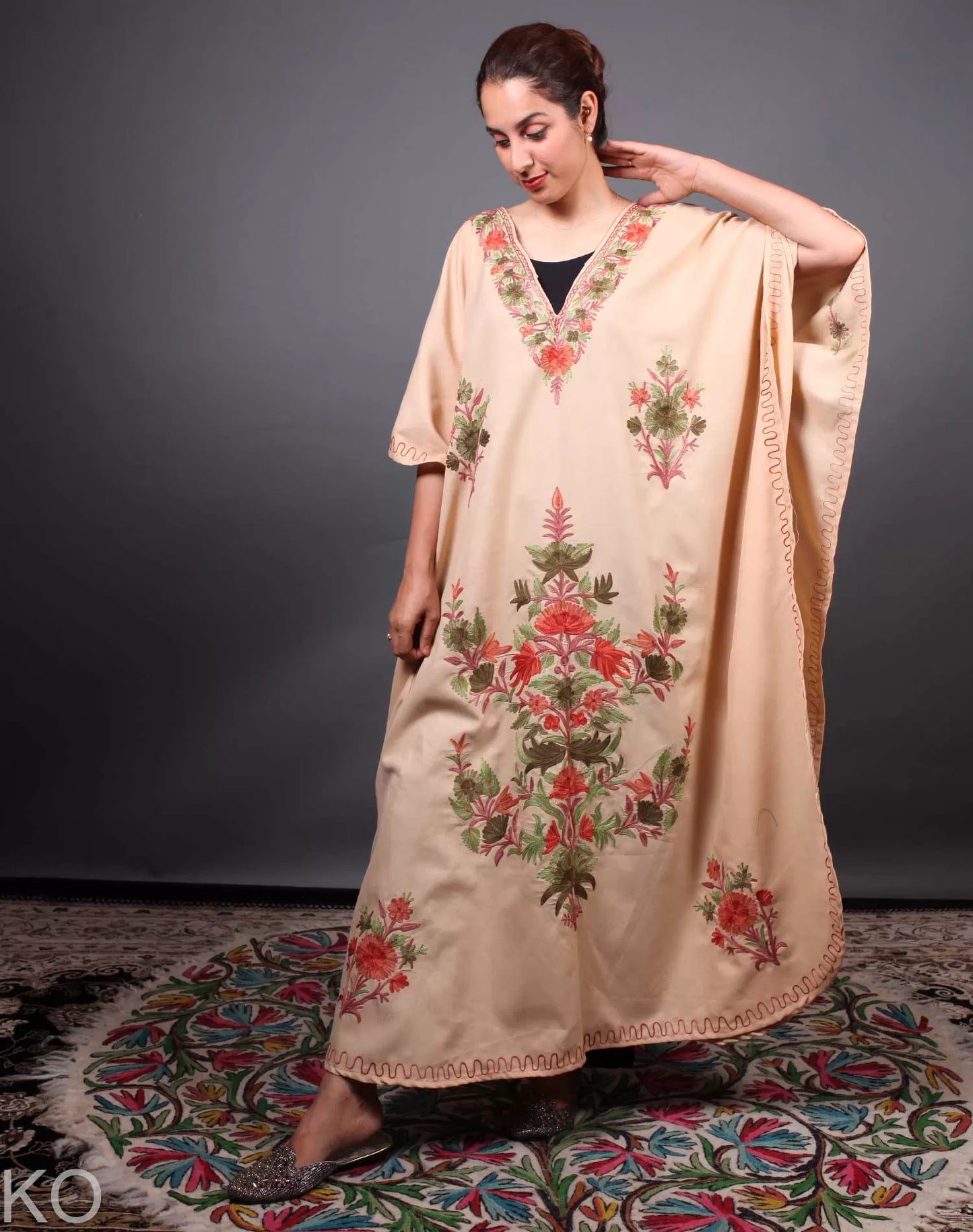 Tan Floral Deisgn Aari Embroidered Kaftan