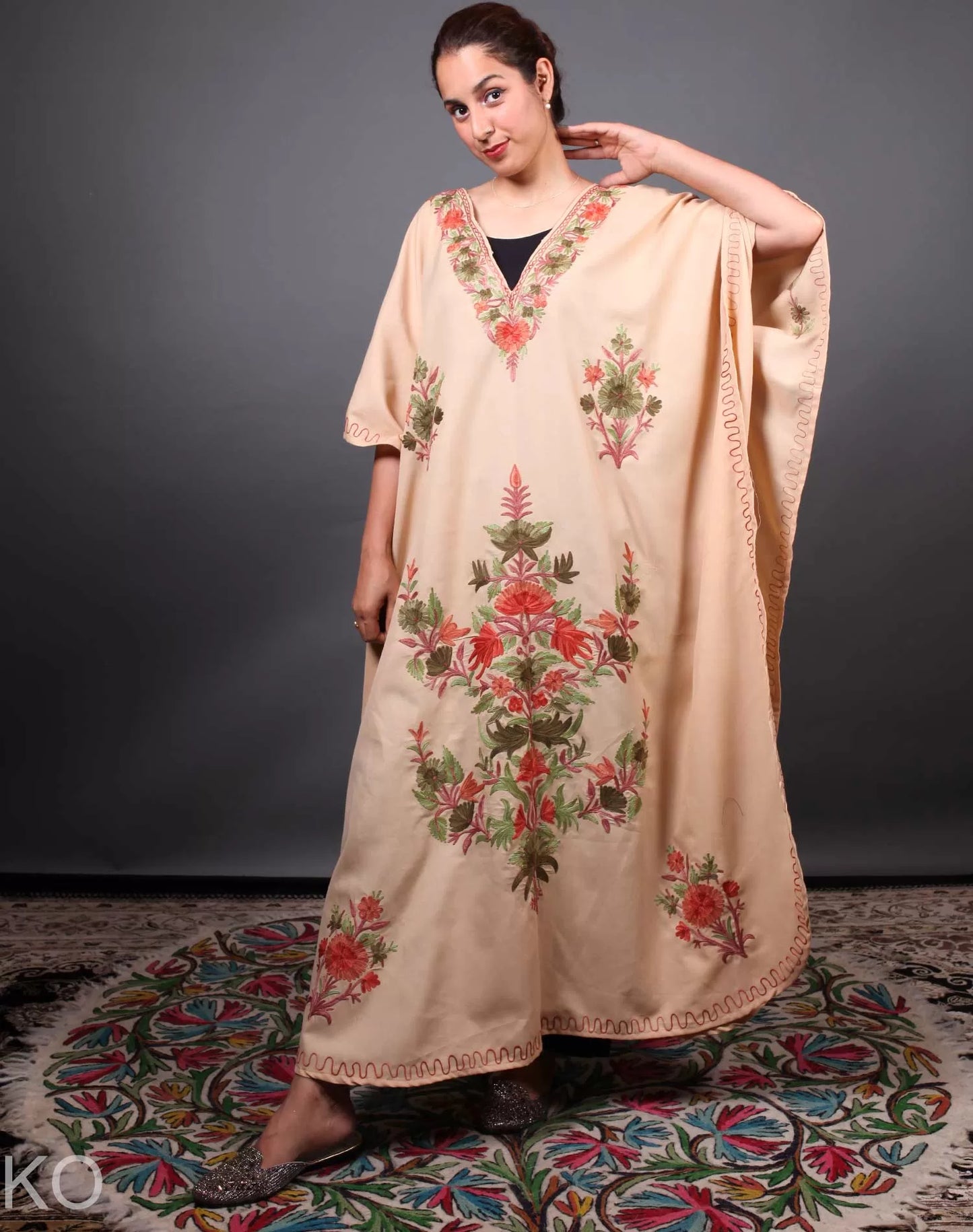 Tan Floral Deisgn Aari Embroidered Kaftan