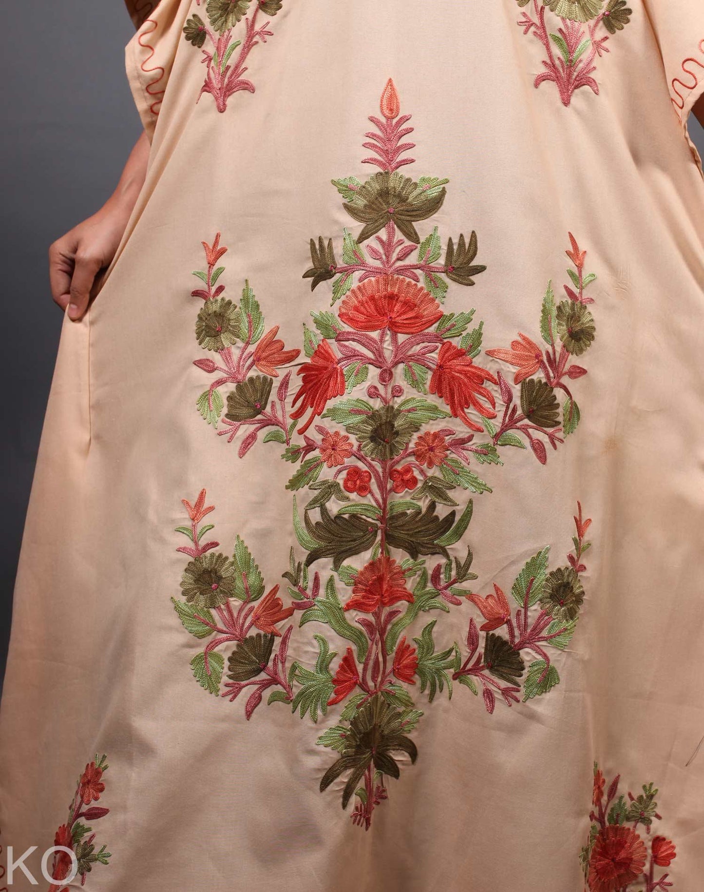 Tan Floral Deisgn Aari Embroidered Kaftan