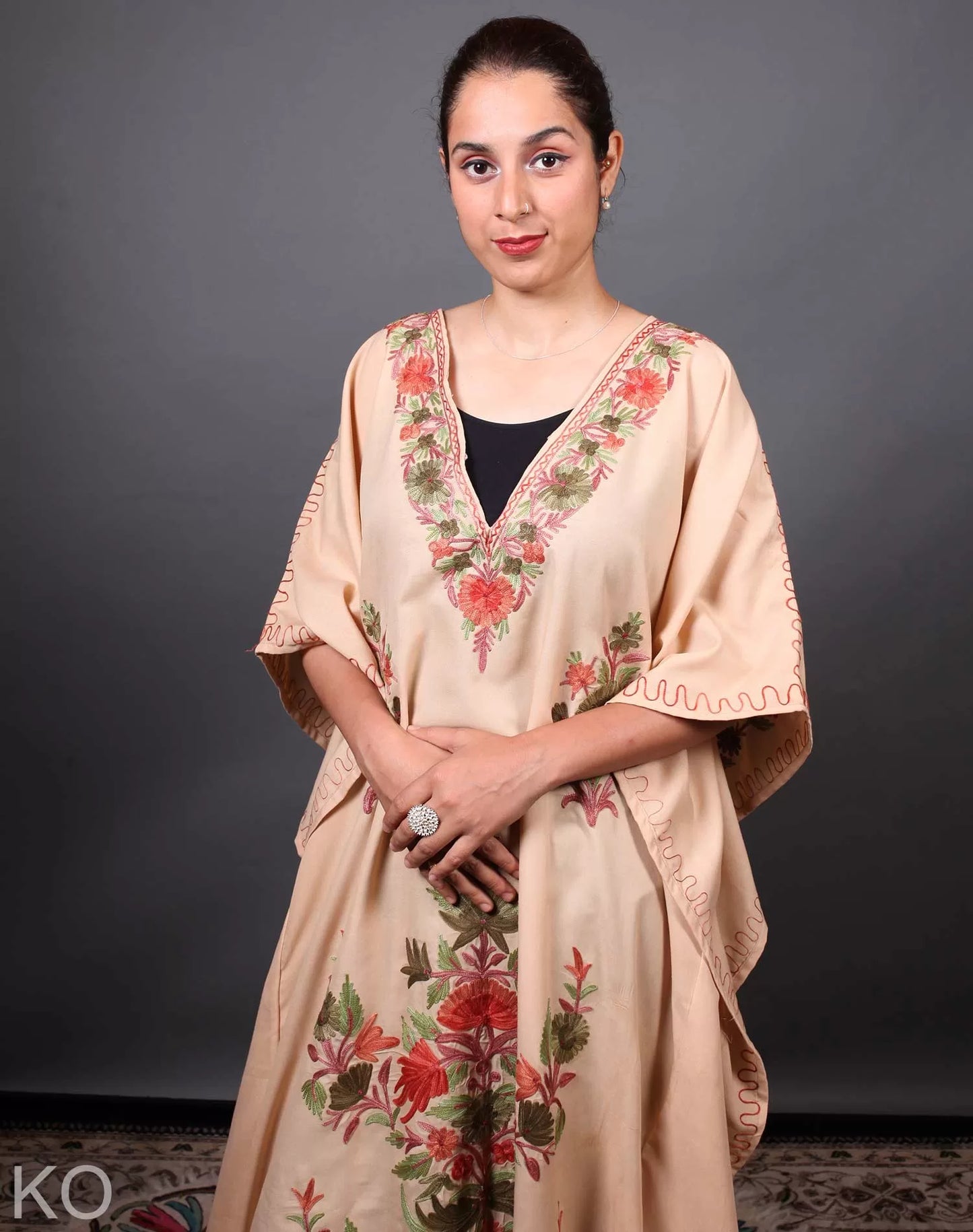 Tan Floral Deisgn Aari Embroidered Kaftan