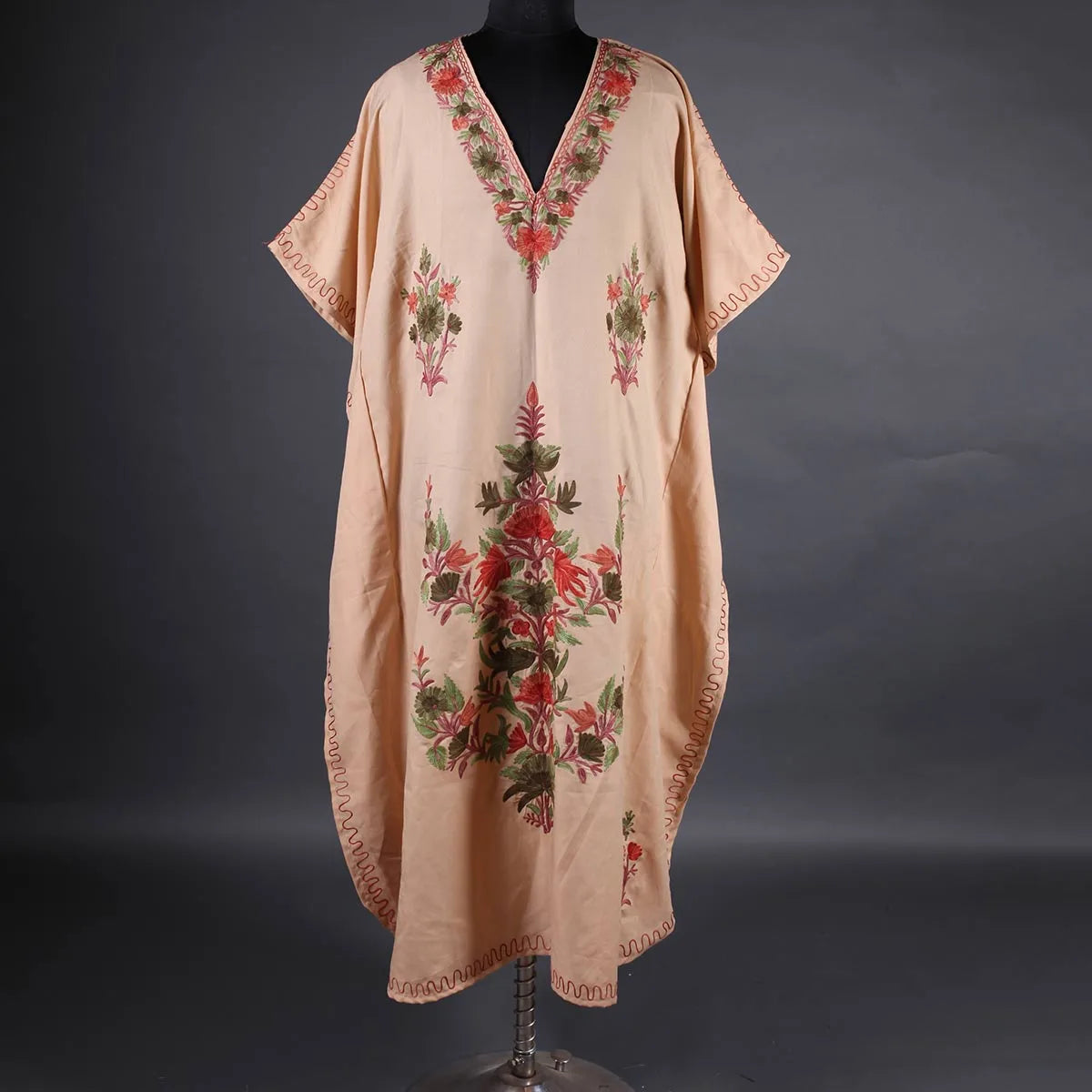 Tan Floral Deisgn Aari Embroidered Kaftan