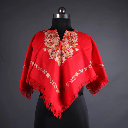 Red Poncho with Aari  Embroidery, Kashmir Embroidery