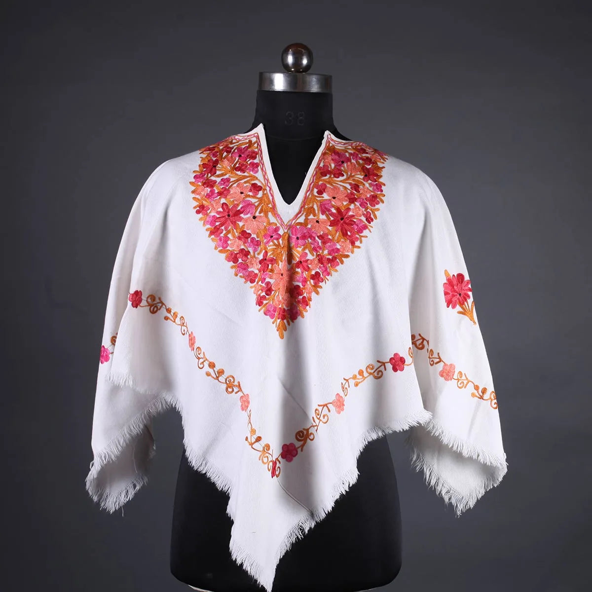 White Poncho with Aari  Embroidery, Kashmir Embroidery