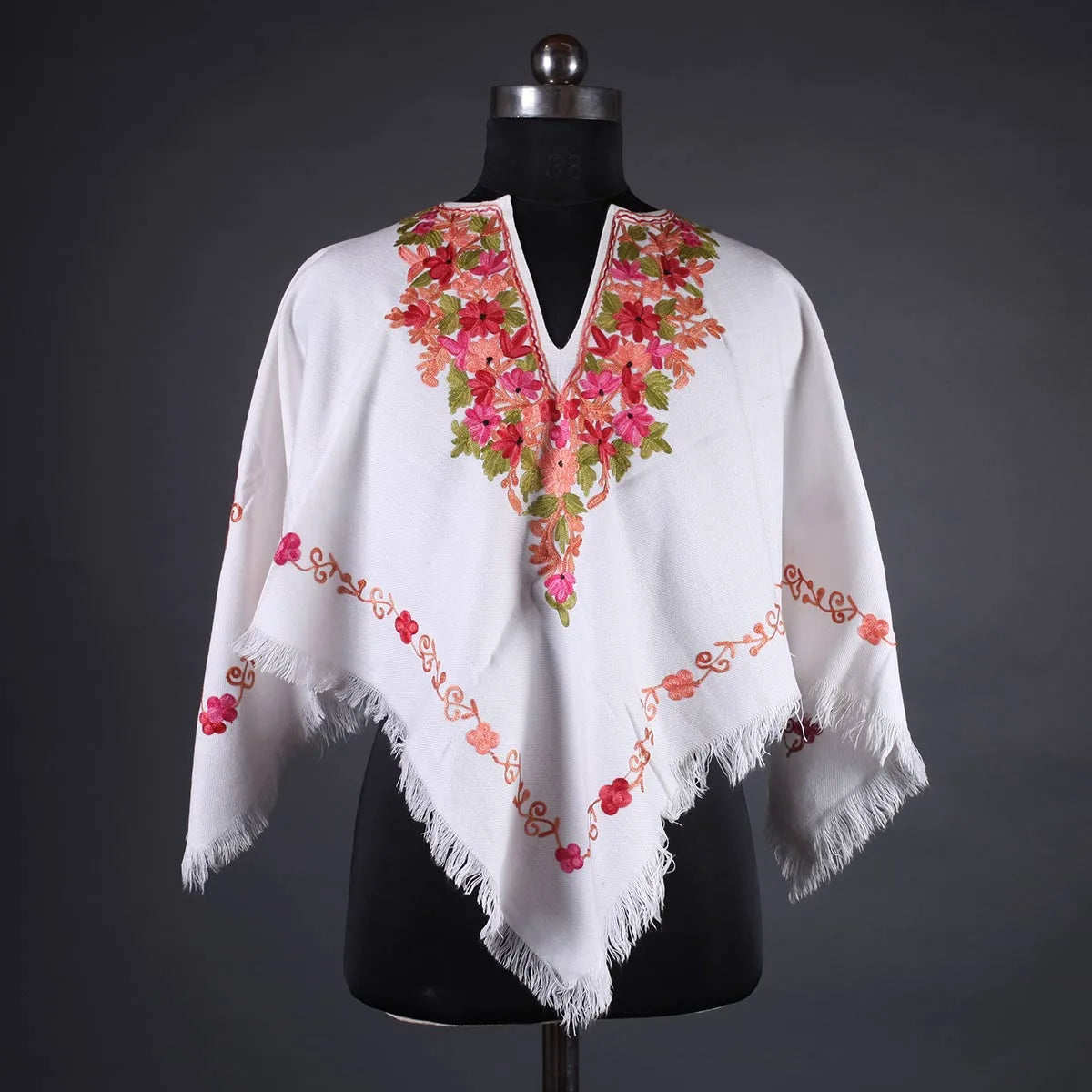 White Poncho Floral Design with Aari  Embroidery, Kashmir Embroidery