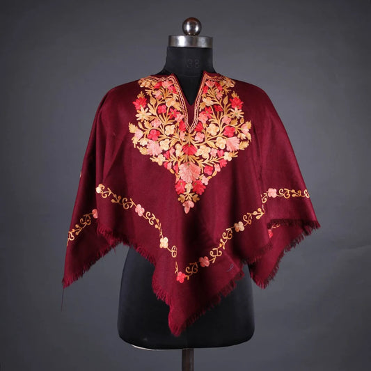 Maroon Poncho with Aari  Embroidery, Kashmir Embroidery