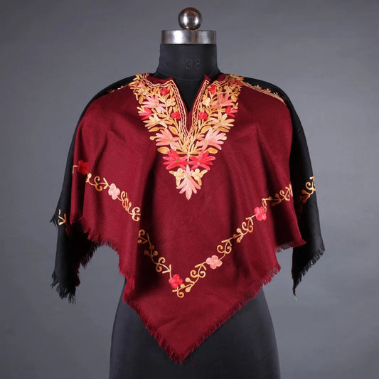 Maroon And Black Floral Design Poncho with Aari  Embroidery