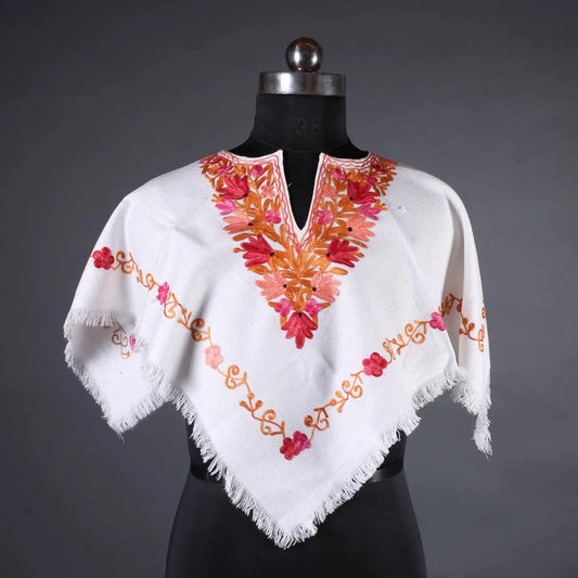 White Floral Design Poncho with Aari  Embroidery Small