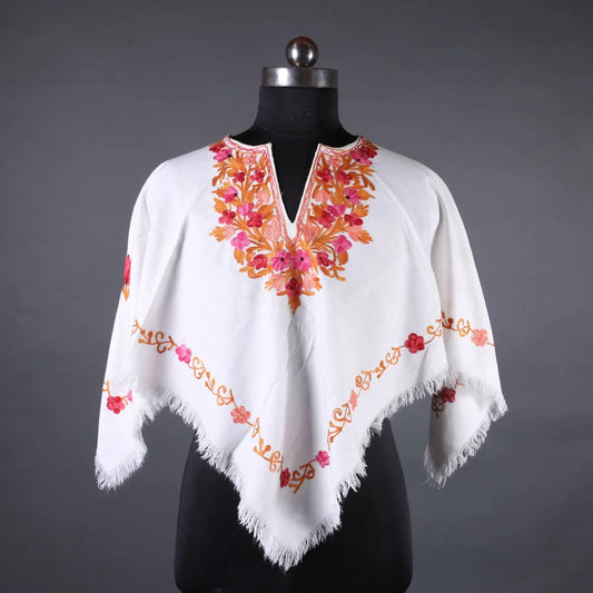 White Floral Design Poncho with Aari  Embroidery, Kashmir Embroidery