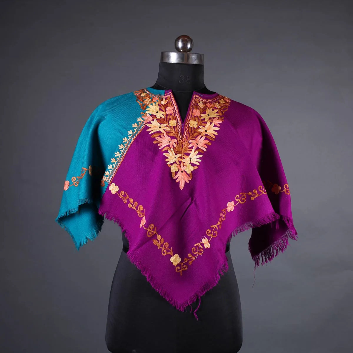 Sapphire Blue And Purple Poncho with Aari  Embroidery, Kashmir Embroidery