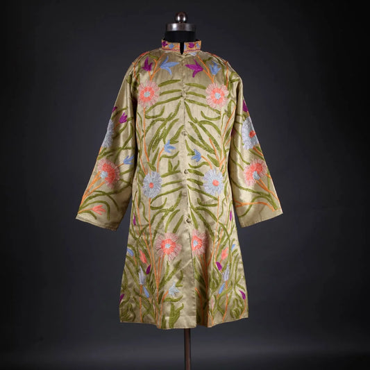 Golden  Base Floral Design Aari Embriodery Silk Jacket