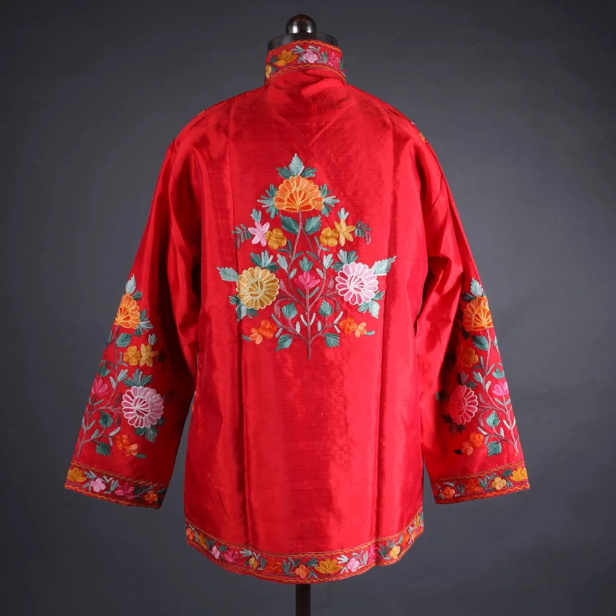 Red Base Floral Design Aari Embroidery Silk Jacket