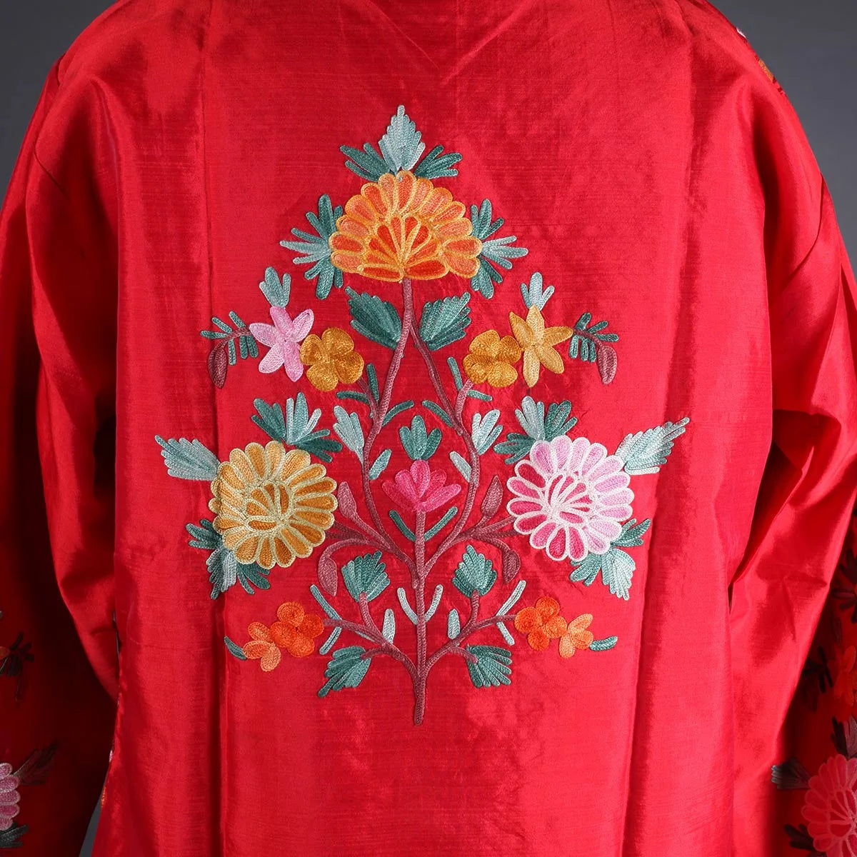 Red Base Floral Design Aari Embroidery Silk Jacket