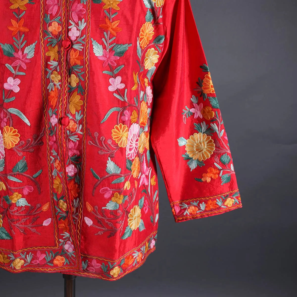 Red Base Floral Design Aari Embroidery Silk Jacket