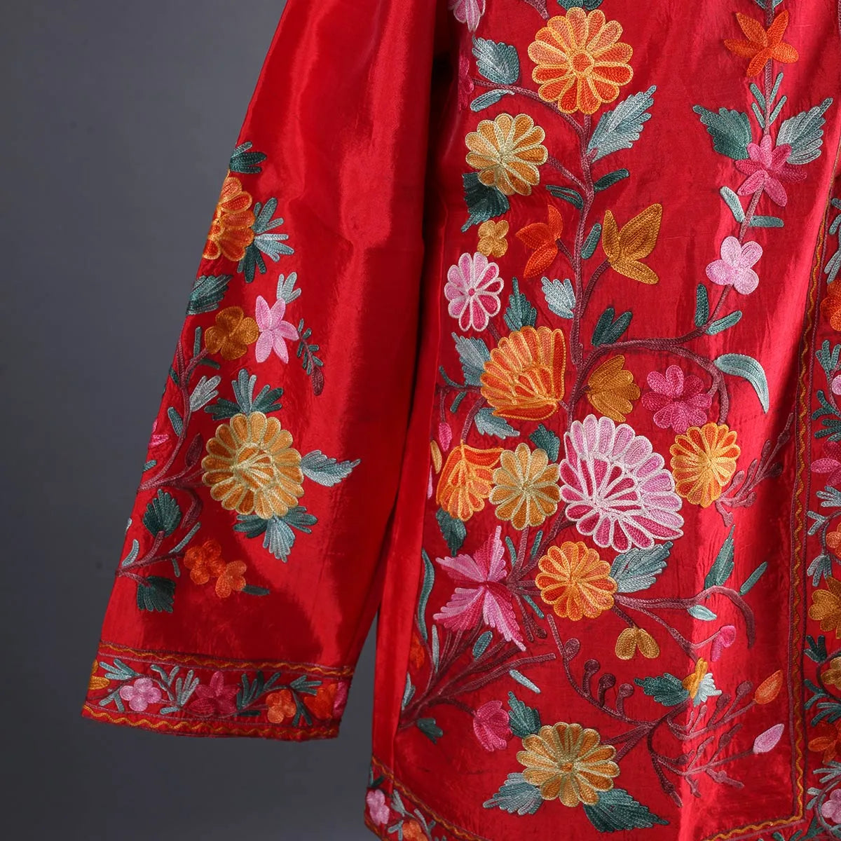 Red Base Floral Design Aari Embroidery Silk Jacket