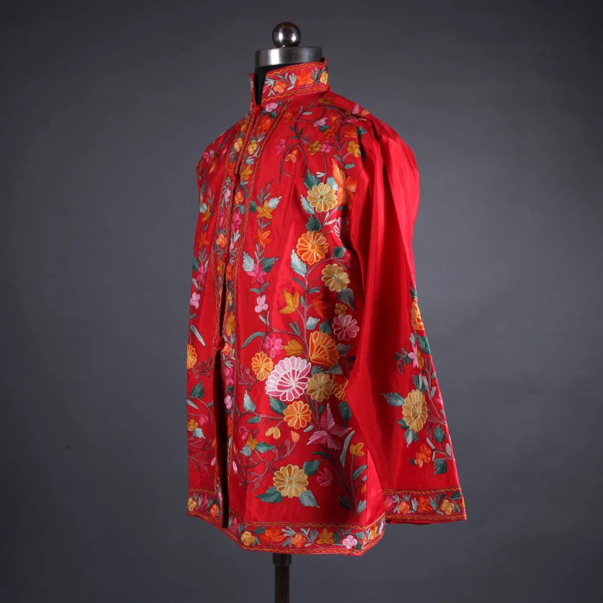 Red Base Floral Design Aari Embroidery Silk Jacket