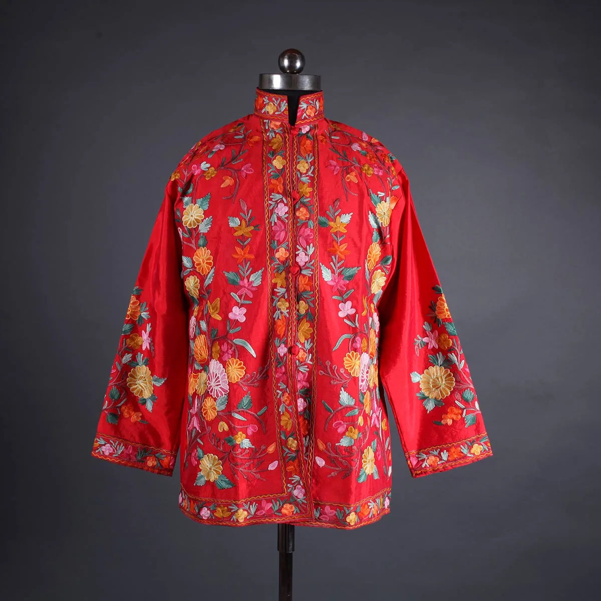 Red Base Floral Design Aari Embroidery Silk Jacket