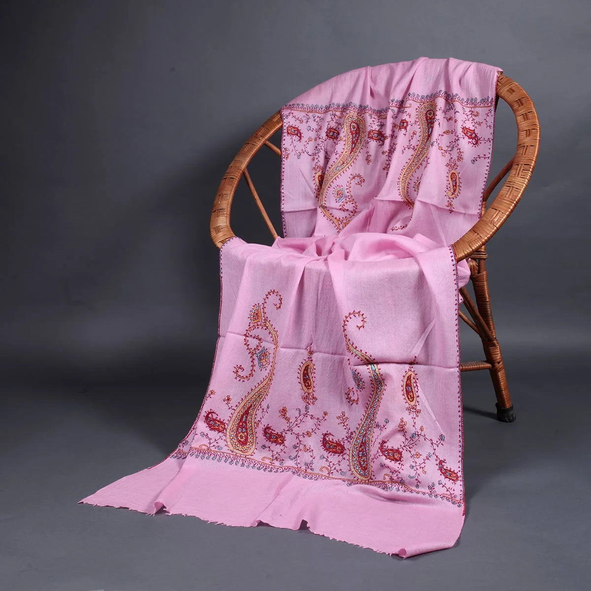 Baby Pink Base Pasley Design Sozni Embroidered Stole