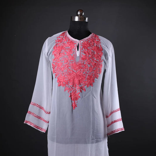 Powdered White Aari Embroidered Georgette Kurti